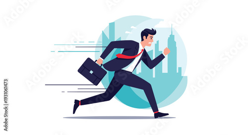 Ambitious businessman in a formal suit running fast with a briefcase in front of a blue city skyline silhouette.