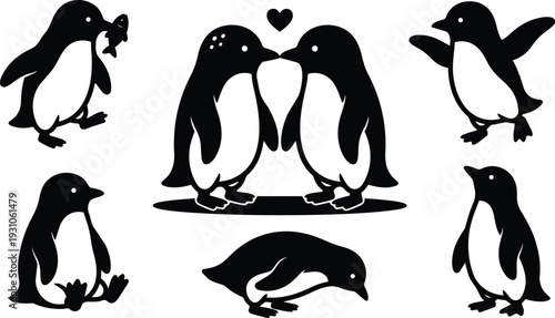 Flat design collection of six penguin silhouettes showing kissing holding fish sliding waddling and sitting in playful poses black vector