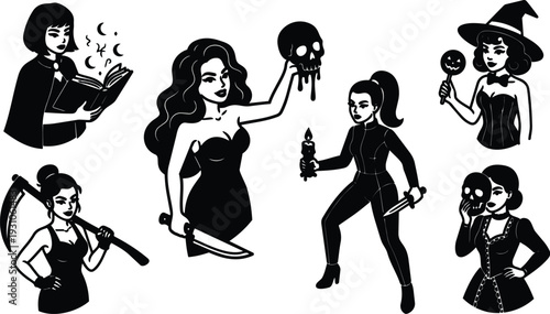 Tattoo flash halloween witch women holding skull knife scythe candle lollipop bold black vector silhouettes closeup low angle looking camera