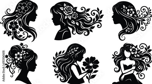Silhouette floral vector set six female profiles with flowing hair flowers decorative ornaments elegant side view compositions black silhouettes designs