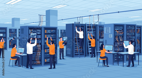 Team of technicians and IT professionals maintaining server racks and computer hardware in a large modern data center facility.
