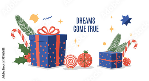 Festive holiday composition featuring wrapped gift boxes, candy canes, evergreen branches, and holly berries on a white background.