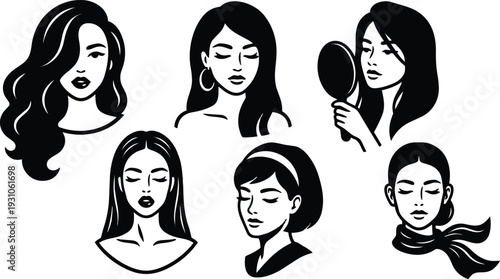 Minimalist line art female portraits set six headshots with varied hairstyles looking away holding mirror retro tattoo flash style closeup