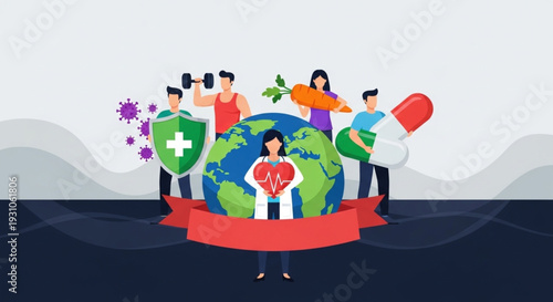 World Health Day Global Health Awareness and Community Well-being Concept, Emphasizing Medical Care, Disease Prevention, Fitness, and Balanced Nutrition for a Healthy Society
