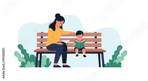 Mother and young son sitting on a wooden park bench while enjoying reading books together in a peaceful outdoor setting.