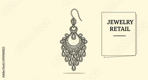 Elegant jewelry retail advertisement showcasing a highly detailed ornate chandelier earring design on a cream background.