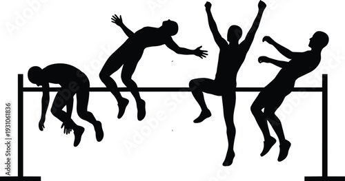 Flat design silhouette sequence of high jump athletes clearing crossbar with dynamic takeoff landing in stadium side view dramatic contrast