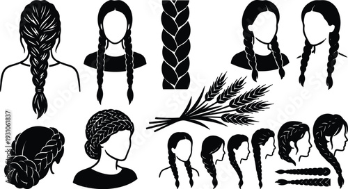 Flat design braided hairstyle icons showing multiple angles female profiles with plait variations wheat bundle side view back view closeup minimalist silhouette