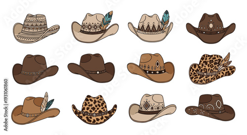 Collection of various cowboy hat styles including patterned, leather, and decorated designs with feathers for western fashion.