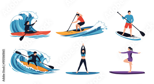 Diverse set of people participating in water sports including kayaking, paddleboarding, and yoga on surfboards in the ocean.
