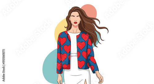 Fashionable woman wearing a blue jacket with red heart patterns over a white dress standing against a colorful background.