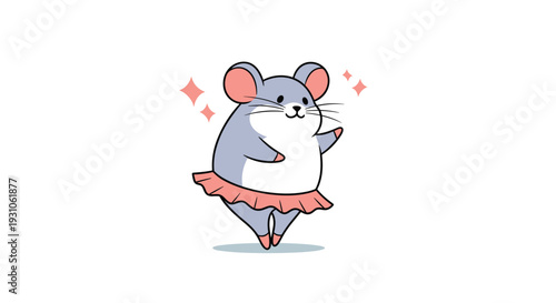Adorable grey mouse character wearing a pink tutu and performing a ballet dance move on a clean white background.