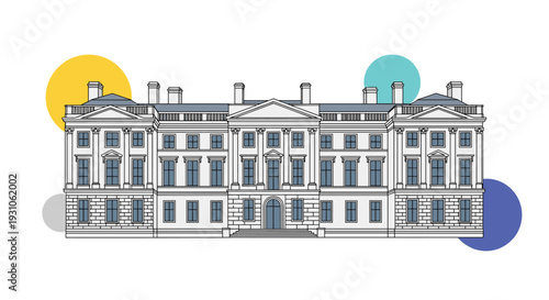 Classical architecture of a white government or academic building illustration with colorful abstract circular shapes.