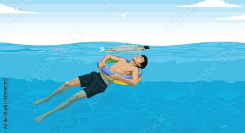 Man relaxing and floating on the surface of calm blue ocean water with the help of a colorful inflatable swim ring.
