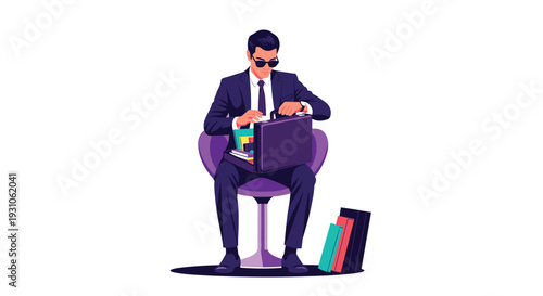 Businessman in a formal suit and sunglasses sitting in a modern purple chair and searching through his open briefcase.