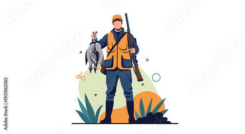 Experienced hunter standing in the wild holding a shotgun and a brace of ducks from a successful waterfowl hunt.