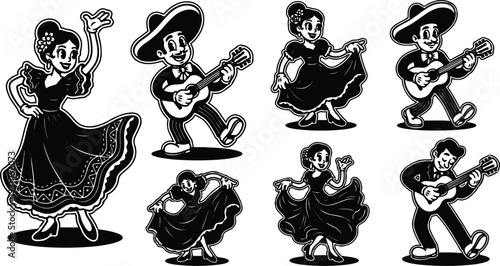 Tattoo flash style folk dancers and mariachi guitarists smiling in traditional costume set vector icons black white retro closeup front