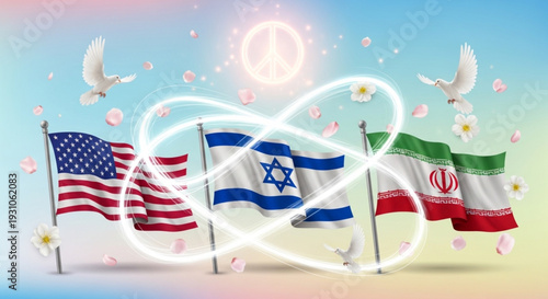 A union of the flags of the United States, Israel, and Iran with symbols surrounding them that symbolize peace.