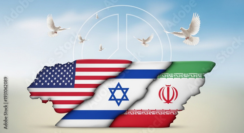 A union of the flags of the United States, Israel, and Iran with symbols surrounding them that symbolize peace.