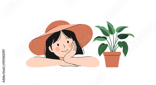 Cute young girl wearing a large sun hat leaning on her hands next to a potted plant against a white background.