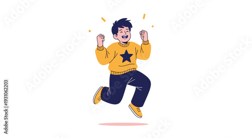 Excited young boy with a star on his sweater jumping for joy with fists raised in a celebration of happiness.