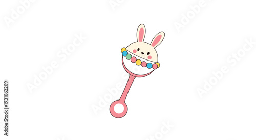 Adorable baby rattle toy shaped like a pink bunny with colorful beads for infant play and motor skill development.