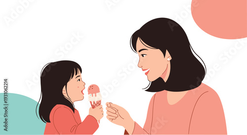 Smiling mother shares a delicious two-scoop ice cream cone with her young daughter in a heartwarming flat illustration style.