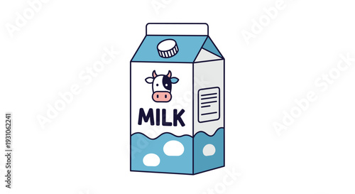Classic carton of fresh dairy milk features a cute cow face and blue wave patterns on a clean white background.
