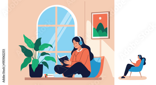 Relaxed woman sits by a large window reading a book and wearing headphones to listen to music in a cozy room environment.