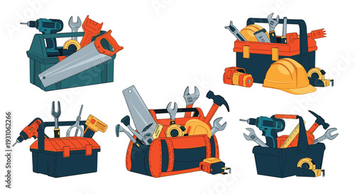 Various professional toolboxes and bags are filled with essential construction equipment like saws, drills, and hammers.
