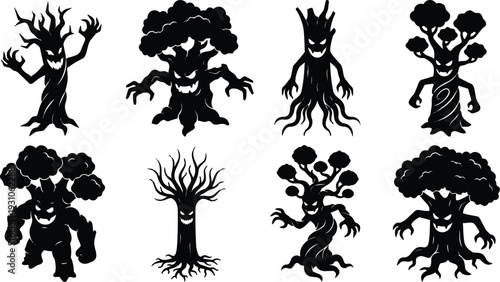 Silhouette vector spooky haunted tree characters with menacing faces and tangled roots arranged in eight black minimal flat icon set