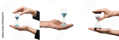 Foto Set and collection of human hands holding glass hourglasses with blue and white
