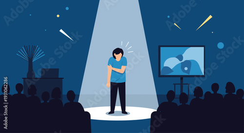 Nervous public speaker stands under a bright spotlight on a dark stage facing a large silhouette audience during an event.