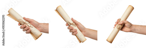 Φωτογραφία Set and collection of human hands holding vintage paper scrolls tied with twine