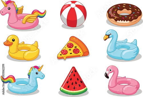 Set of colorful summer pool floats and inflatable toys including unicorn flamingo swan duck donut pizza and watermelon rings isolated on white background for vacation