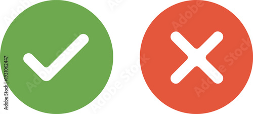 Check mark and cross icon set, approval and rejection symbols, yes or no decision concept, green and red buttons, minimal flat vector design
