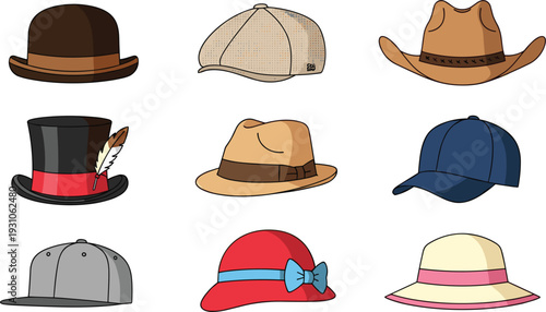 Set of classic and modern headwear fashion icons including cowboy hat top hat fedora baseball cap bowler sun hat and flat cap isolated on white
