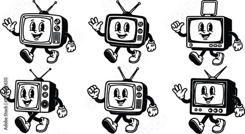 Vintage cartoon mascot style six walking smiling television characters with antenna side view black and white cheerful retro vector isolated