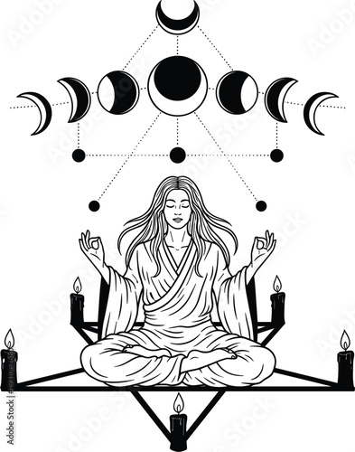 Mystical woman meditating in lotus pose with moon phases and celestial geometry including lit candles and esoteric symbols isolated on white background for spiritual design