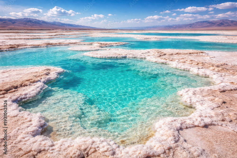 Obraz premium A serene view of turquoise waters and salt formations at a unique landscape.