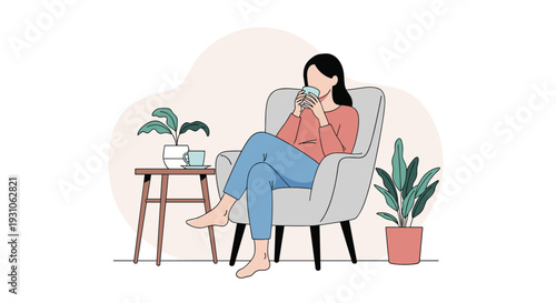 Calm young woman relaxing in a comfortable gray armchair while enjoying a warm cup of coffee or tea in a cozy home environment with indoor plants.