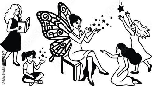 Line art fairy storyteller with ornate wings sprinkling magic stars to attentive children in whimsical reading circle calm monochrome composition