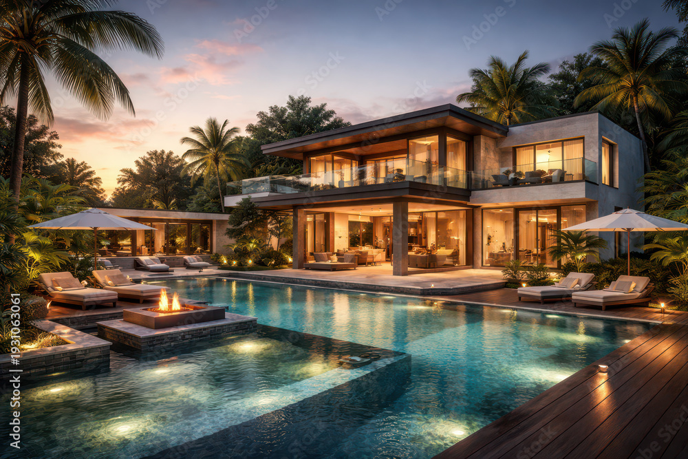Fototapeta premium Luxurious modern villa with a swimming pool and tropical landscaping at sunset.
