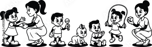 Retro cartoon line art close up children playing in preschool teacher handing block girl jumping rope boy clapping baby crawling