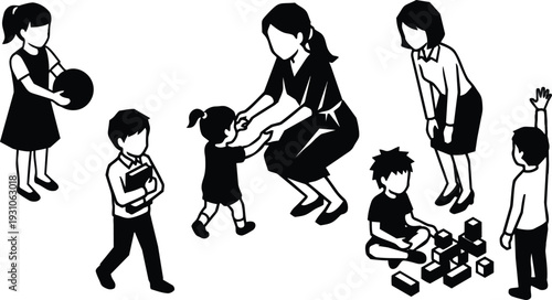 Vector isometric preschool teacher kneeling helping toddler and children playing with blocks ball and books in classroom smiling interaction lighting