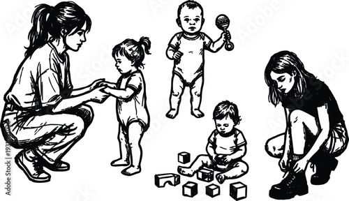 Line art close up mother kneeling teaching toddler standing while baby plays with blocks and older child tying shoe outdoors