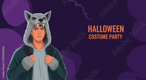 Young man dressed in a wolf costume for a festive Halloween party, featuring a detailed animal hood with ears and fangs on a dark purple background.