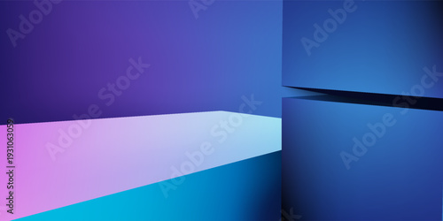 3d rendering of purple and blue abstract geometric background. Scene for advertising, technology, showcase, banner, cosmetic, fashion, business, sport, metaverse. Sci-Fi Illustration