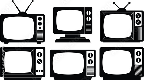 Flat design retro television set icons six vintage tv silhouettes front view assortment in black minimal graphic resource isolated vector