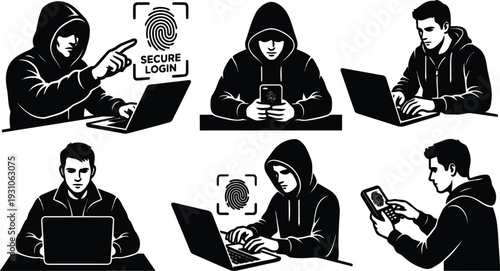 Silhouette vector multiple hooded figures typing and using phones with fingerprint secure login icons scenes in black high contrast illustration